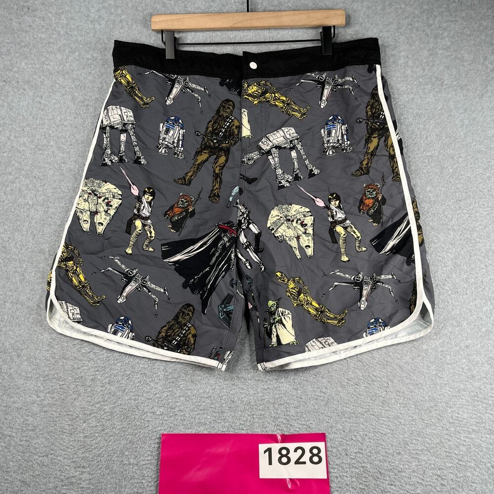 Star Wars Print Lined Swim Trunks Zip Snap Board Shorts Bathing Suit Mens 2XL